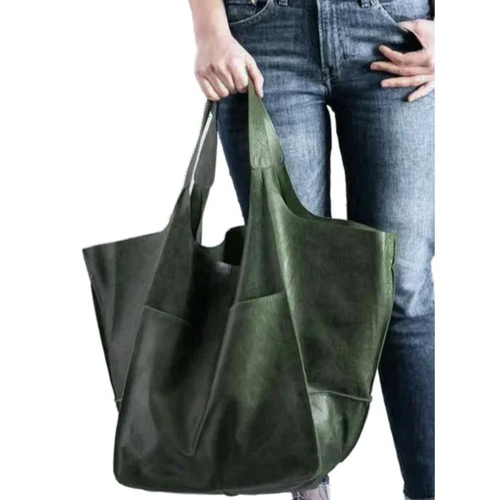 Leather Tote Oversized Shoulder Bag Large Slouchy Shopping Green